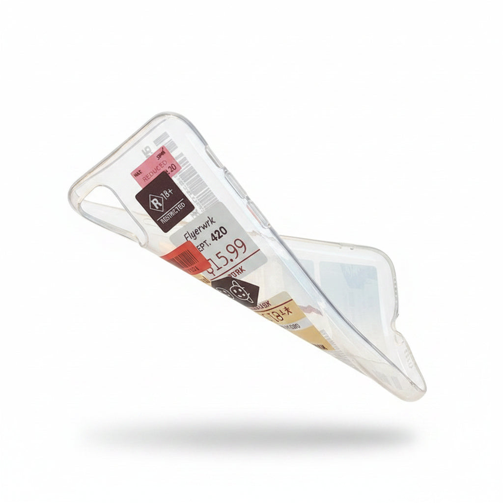 Hand holding a clear plastic container with a price tag on a neutral background