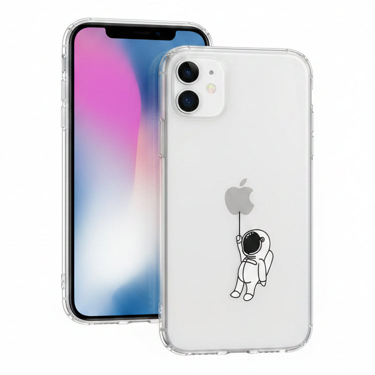Clear case featuring an astronaut holding onto what might be a balloon shaped as the apple sign or an apple shaped planet.