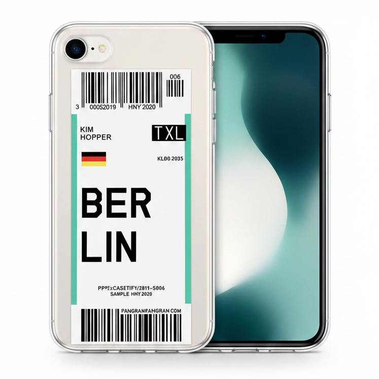 Phone case with Berlin  airplane ticket and barcode design.  
