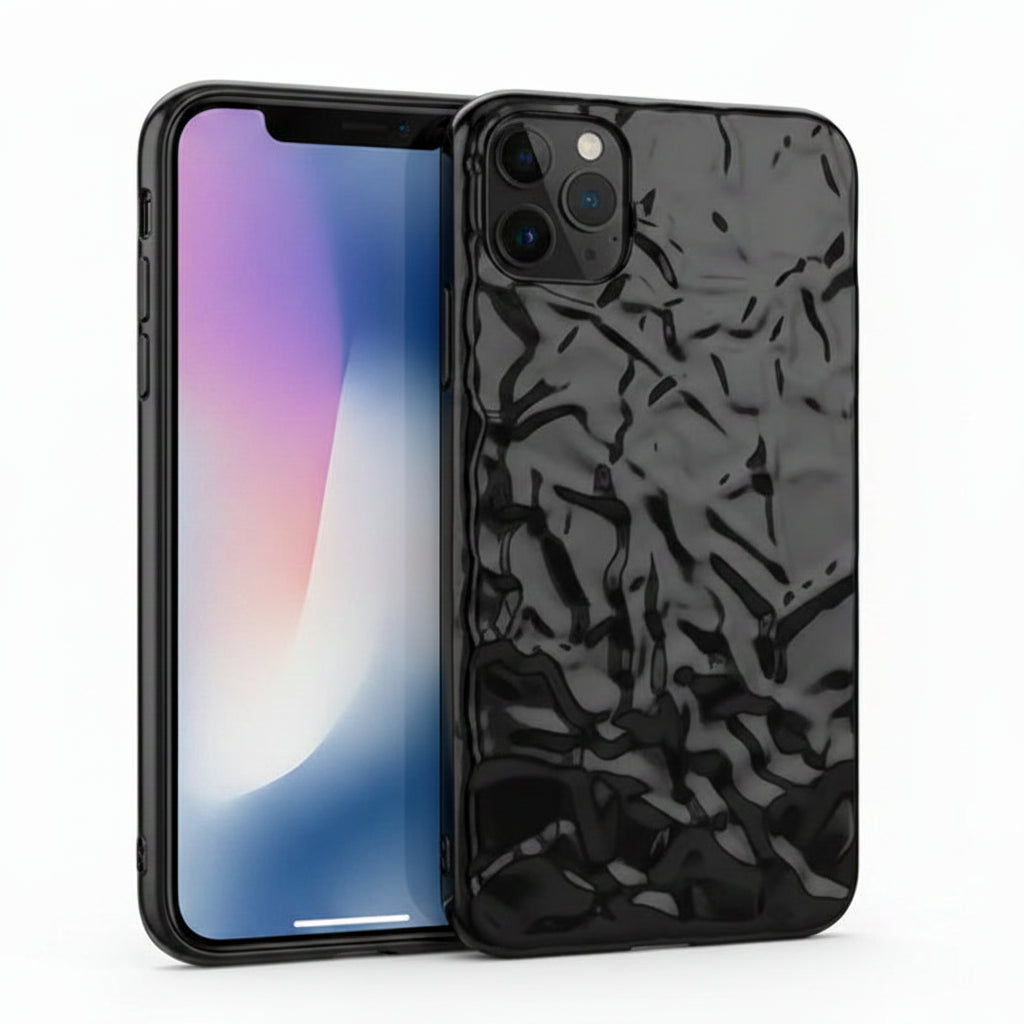 Front and back view of a black iPhone case with a glossy reflective liquid-metal finish and irregular rippled texture on a white background.