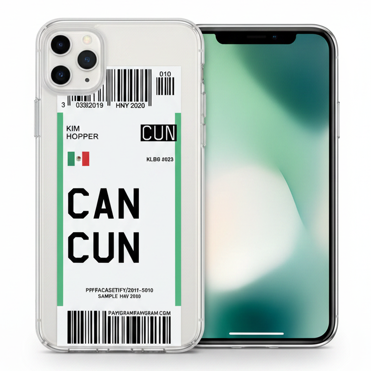 Phone case with 'CAN CUN' airplane ticket and barcode design.  With flagWith flag and airport abbreviation CUN. Green stripes on the side.
