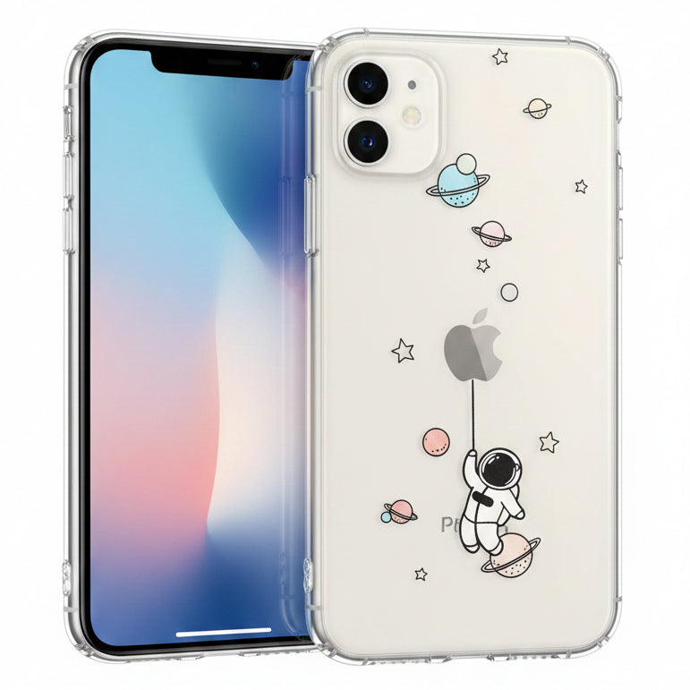 Phone case with cartoon astronaut in space with in space with planets, stars and apple Logo in the Center appears to be a planet that the astronaut is tethered to.