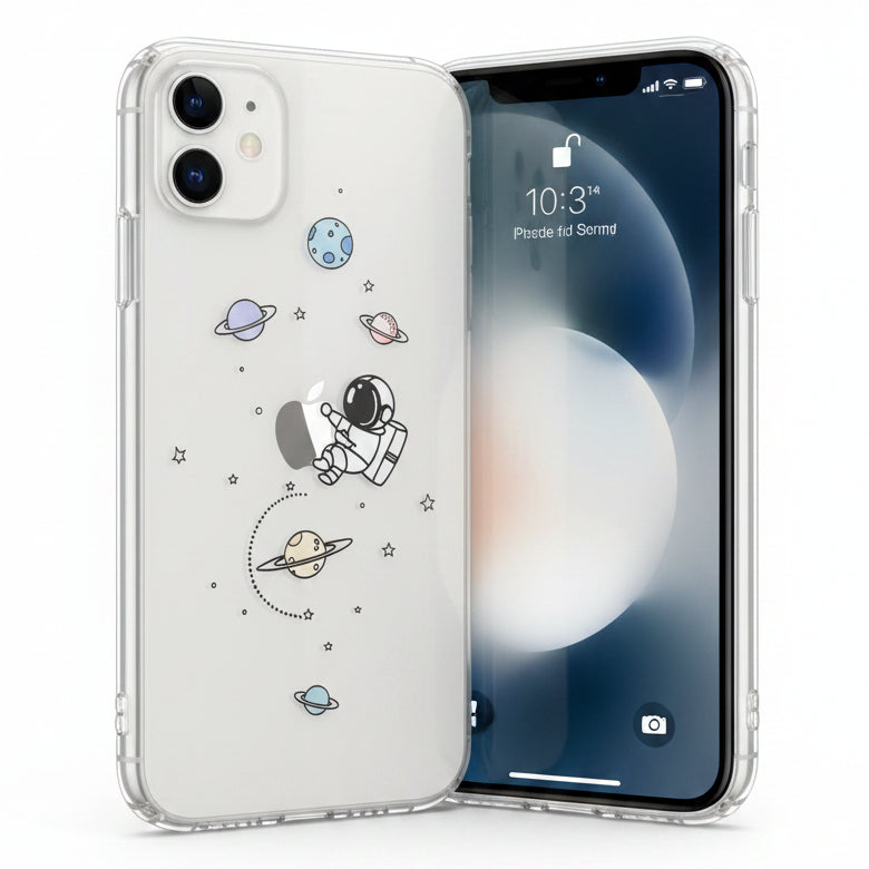 Clear phone case with astronaut and space-themed designs. Astronaut hold on a planet shaped like an apple. There are other planets. Some of the rings like Saturn there is stars in a shooting star.