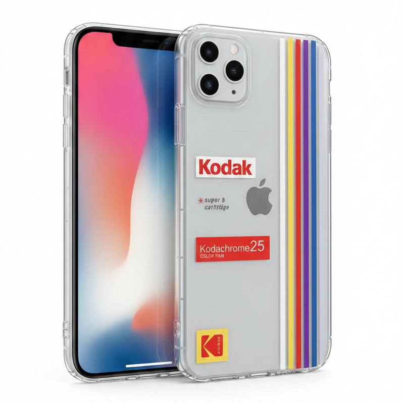 A clear phone case with a retro Kodak film strip design, shown on a phone. The case features vertical stripes in yellow, orange, red, purple, and blue, along with a red and white Kodak logo and a yellow Kodak logo near the bottom.