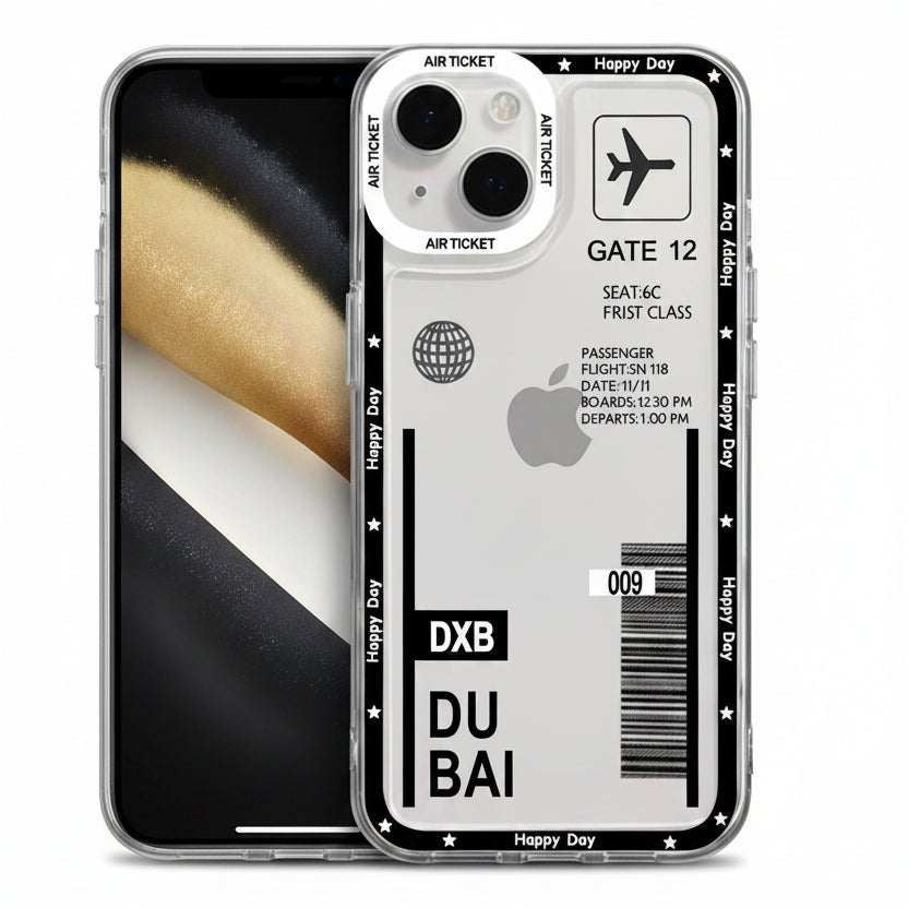 A clear iPhone case with a black and white travel boarding pass design featuring the word 'Happy Day' repeated along the border, a gate number, barcode, and a visible Apple logo cutout in the center.