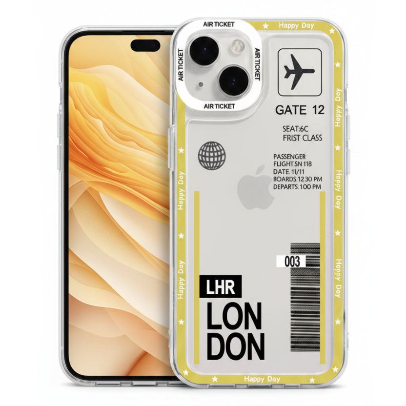 A clear iPhone case featuring a London airport boarding pass design with yellow borders, black text, and a printed Apple logo cutout on a white background.
