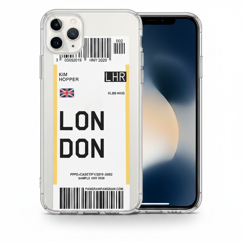 Phone case with London airplane ticket and barcode design. With London flag and airport abbreviation LHR.