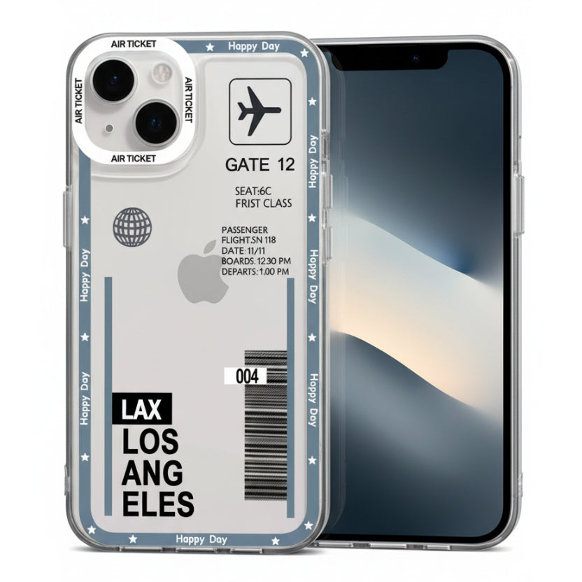 A clear protective phone case with a Los Angeles airport departure ticket design, featuring 'LAX LOS ANGELES', 'GATE 12', and flight details, shown on a white background.