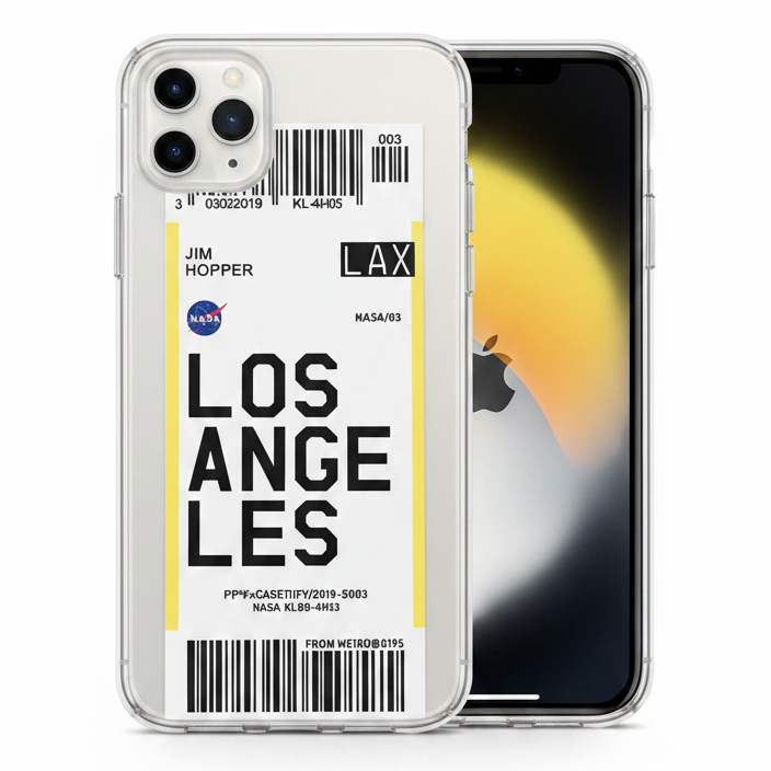 Clear iPhone case with 'Los Angeles' airplane ticket and barcode design. With NASA logo and LAX.