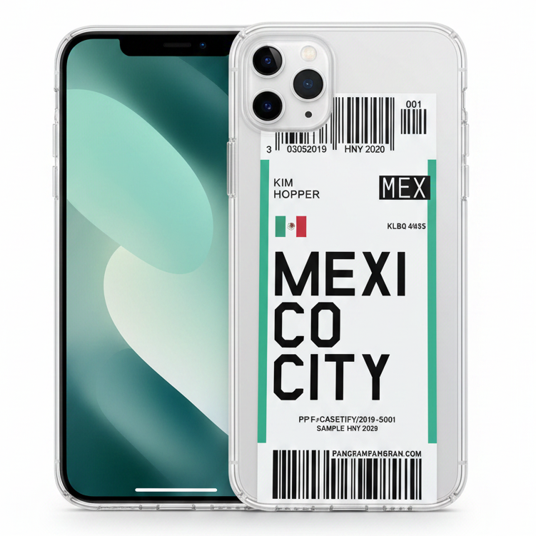 Phone case with 'Mexico City' airplane ticket and barcode design. With Mexican flag, and green stripes on the side.