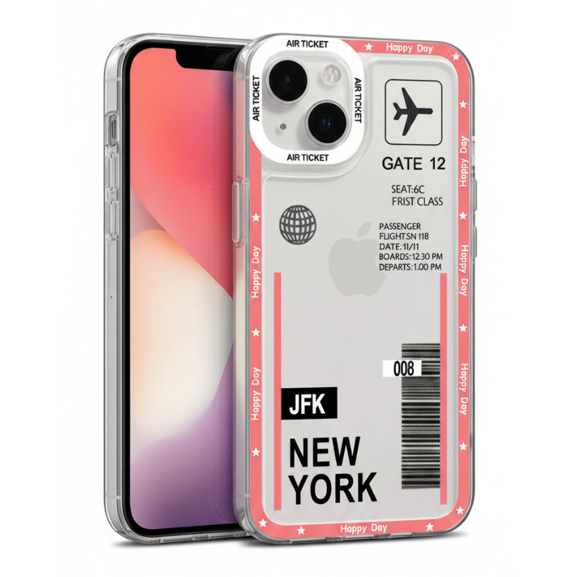 A clear iPhone case featuring a travel ticket design with a pink border, black text reading 'NEW YORK', a barcode, and flight details, shown on a white background.