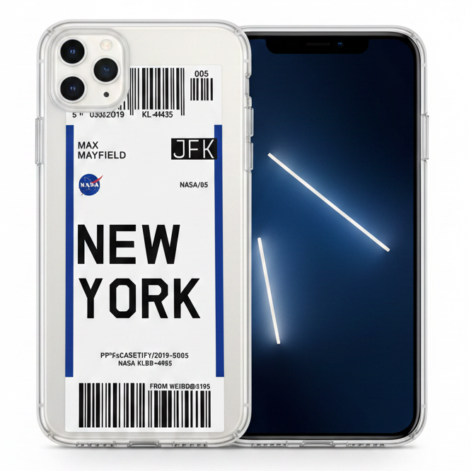 Phone case with New York and JFK airplane ticket and barcode design with  NASA logo.