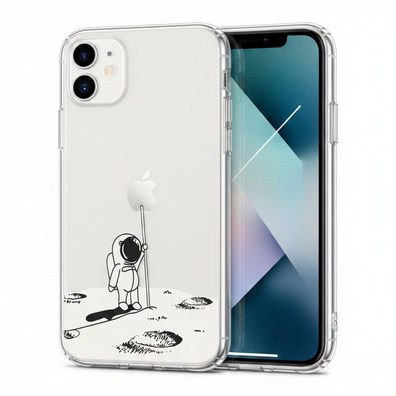Phone with a clear case featuring an astronaut design, Apple logo visible. The astronaut is a cartoon that looks like he may be on something like the moon. He's pushing a pole into the ground and at the top of the pole is the apple sign.