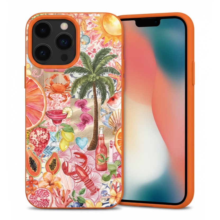 A protective phone case with a vibrant tropical beach theme, featuring illustrations of a palm tree, lobster, crab, cocktail glasses, sliced oranges, and seashells on a light background with an orange border.