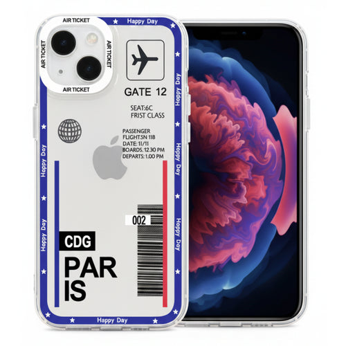 A clear iPhone case featuring a travel ticket design with blue borders, black text, a barcode, and the word 'Happy Day' repeated along the edges. The Apple logo is visible through the case, indicating compatibility with an Apple phone.
