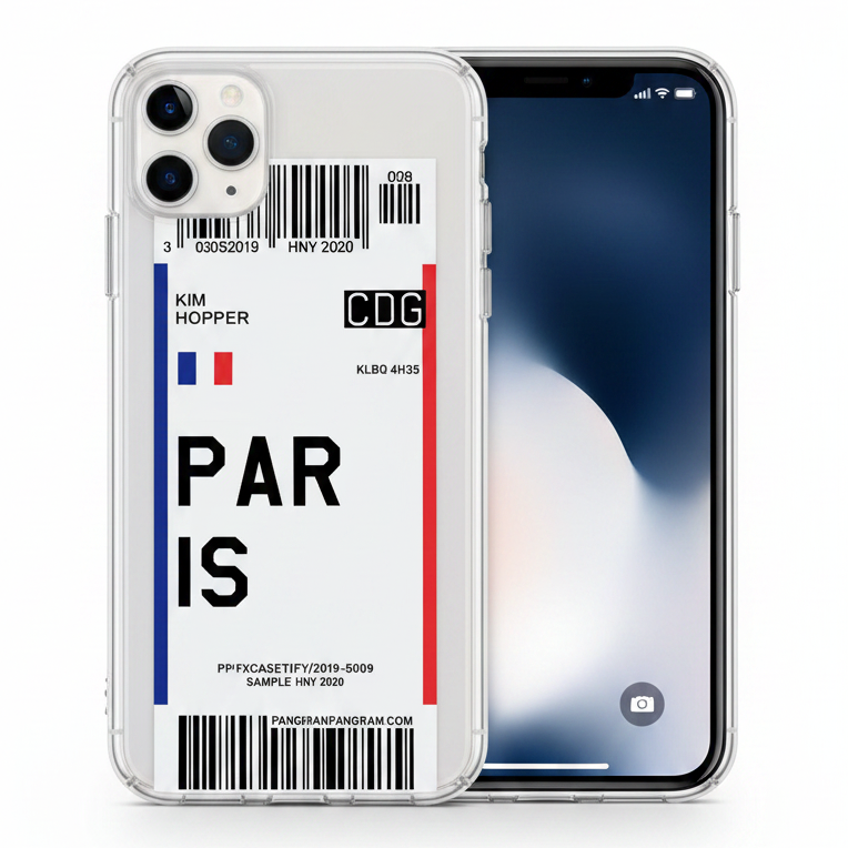 Phone case with 'PAR IS' airplane ticket and barcode design. 