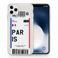 Phone case with 'PAR IS' airplane ticket and barcode design. 
