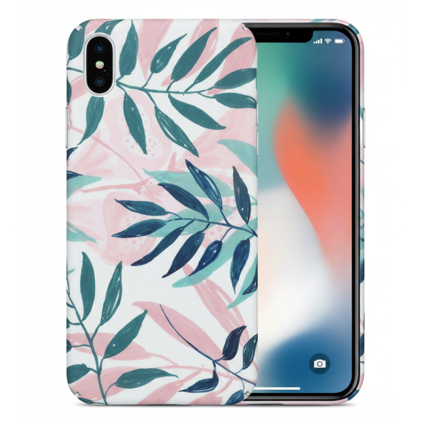 Phone case with Pink, Green and dark Blue leaf pattern on a white background