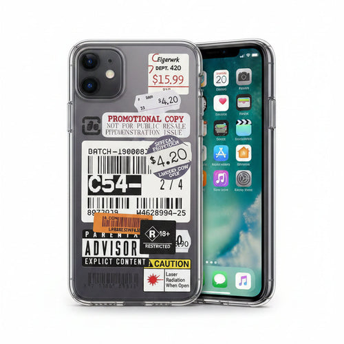 Phone case with labels and stickers held by a hand against a neutral background