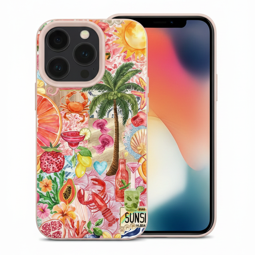A protective phone case featuring a vibrant tropical beach collage print with palm trees, crabs, lobsters, citrus slices, and cocktails, shown on a light gray background.