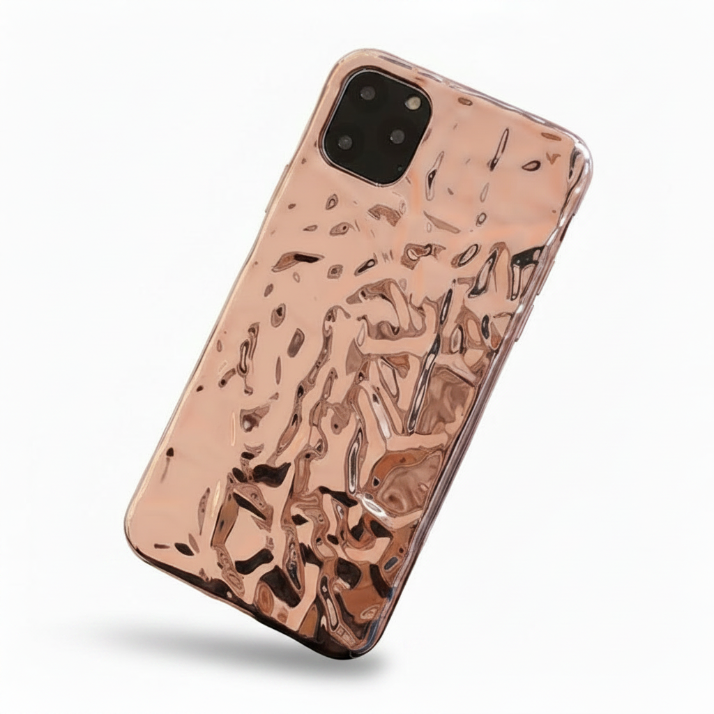 Rose gold iPhone case with a glossy reflective liquid-metal finish and irregular rippled texture on a white background.