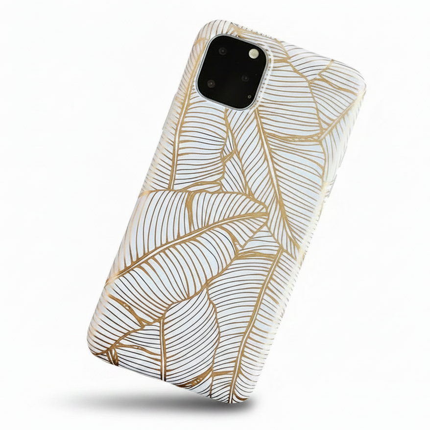 Phone case with gold leaf pattern sideways shadow at the bottom, white background with outlined gold leafs the outlines are gold. The inside is white. iPhone camera is black