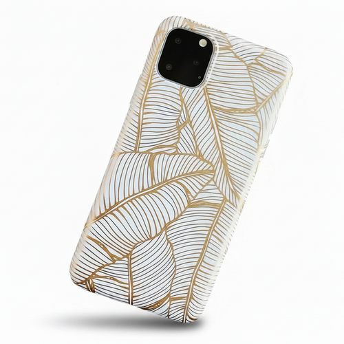 Phone case with gold leaf pattern sideways shadow at the bottom, white background with outlined gold leafs the outlines are gold. The inside is white. iPhone camera is black