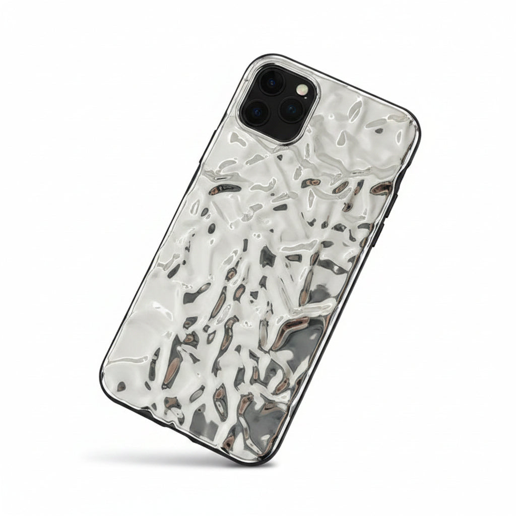 Silver iPhone case with a glossy reflective liquid-metal finish and irregular rippled texture on a white background.