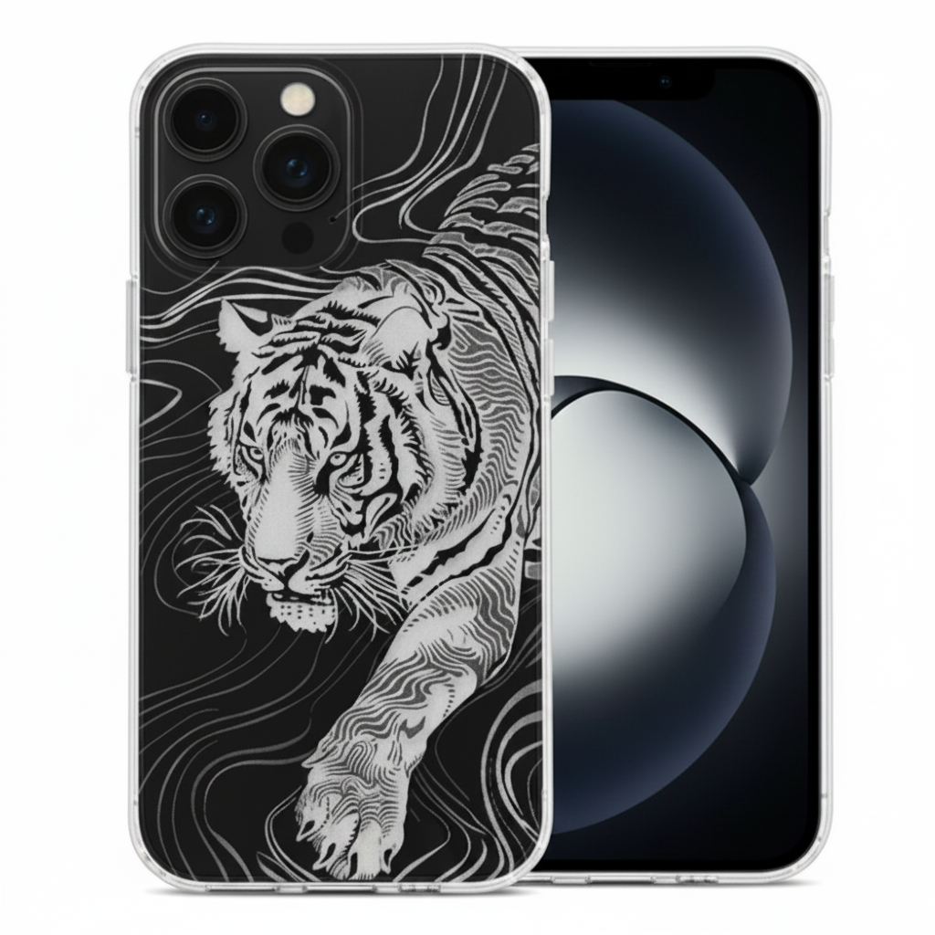 A clear iPhone case featuring a detailed black and white line art illustration of a tiger, shown on a light gray background.