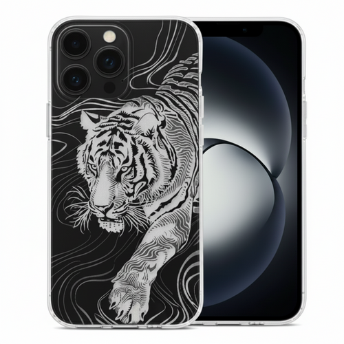 A clear iPhone case featuring a detailed black and white line art illustration of a tiger, shown on a light gray background.