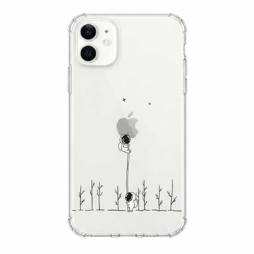 White iPhone with a clear case featuring an Apple logo and Little astronauts climbingLittle astronauts, climbing what looks like a tree or pool with a bunch of little leafless trees beside it. There are stars in the sky, and the pool goes all the way up to the Apple logo that they appear to be the moon or the sun orLittle astronauts climbing what looks like a tree or pool with a bunch of little leafless trees beside it. There are stars in the sky, and the pool goes all the way up to the Apple logo.