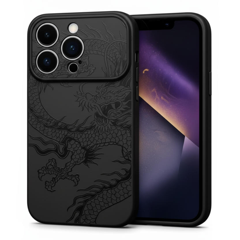 A black protective phone case featuring an embossed dragon design, shown on a clean white background.