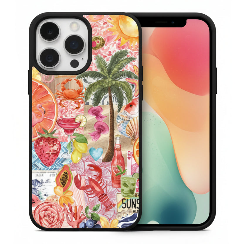 Phone case with tropical design held over a book