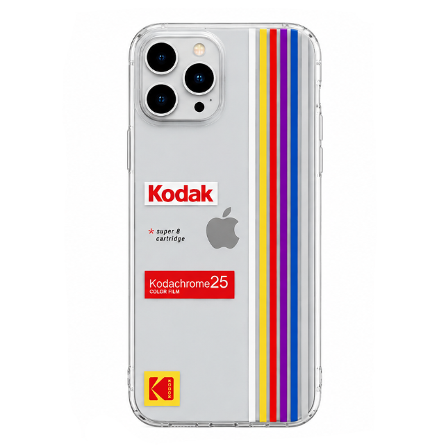 A clear iPhone case featuring a retro Kodachrome 25 color film design with vertical stripes of yellow, blue, red, white, and a thin dark stripe, alongside printed 'Kodak' and 'Kodachrome 25' logos.