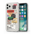 A clear smartphone case with a collage of colorful retail price stickers and handwritten notes, shown from the back alongside a black smartphone on a white background.