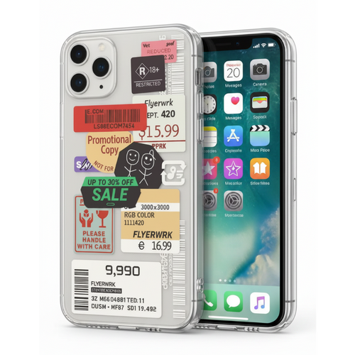 A clear smartphone case with a collage of colorful retail price stickers and handwritten notes, shown from the back alongside a black smartphone on a white background.
