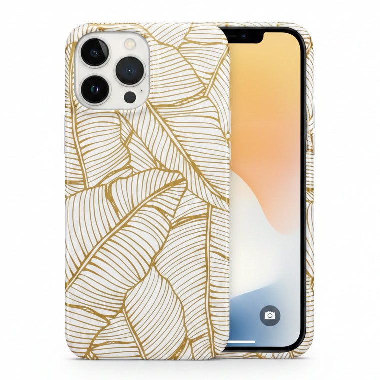 iPhone case with Gold leaf plant drawings. Two iPhones are in the image. One is showing the back the case is showing the front of the phone screen with the case on it is a gold outline of the leaves against a white case.