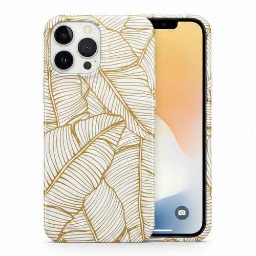 iPhone case with Gold leaf plant drawings. Two iPhones are in the image. One is showing the back the case is showing the front of the phone screen with the case on it is a gold outline of the leaves against a white case.
