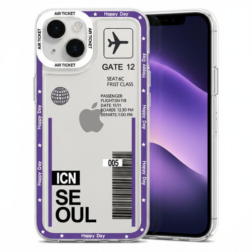 A clear iPhone case featuring a travel ticket design with purple borders, black text, and a white central panel. The design includes elements like 'ICN SEOUL', 'GATE 12', a barcode, and the Apple logo cutout area.
