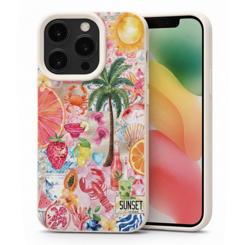 A protective phone case featuring a vibrant, multicolor tropical collage print with illustrations of a palm tree, lobster, strawberries, citrus slices, and cocktails. The case is shown on a white iPhone against a clean white background.